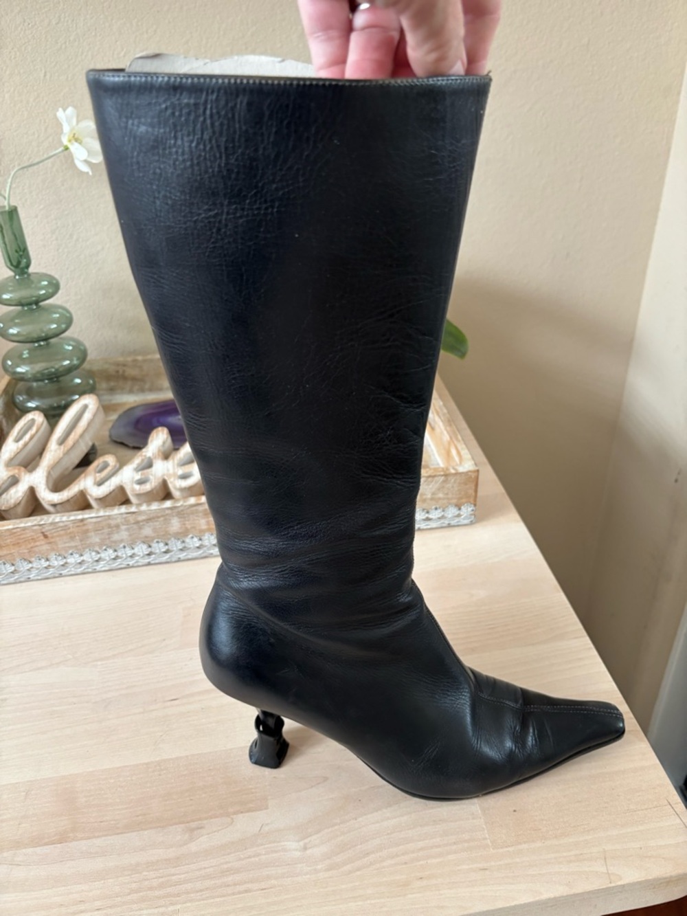 Prada Black Seta Calf Leather Knee High Boots Kitten Heel EU 36 US 6 Pointed Toe - Picture 9 of 16